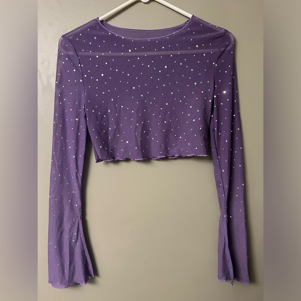 Purple Long Sleeve Sheer Sparkly Crop Top